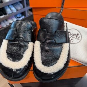 Hermes Black Leather Shearling GO Mules